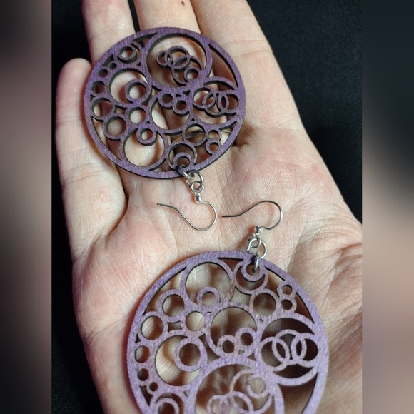 Purple Wooden Circle Dangle Earrings - Picture 6 of 6